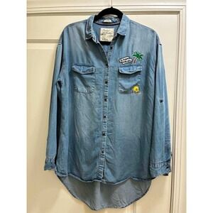 Papini Authentics Womens L Denim Chambray Shirt Boyfriend Fit Tropical Patch
